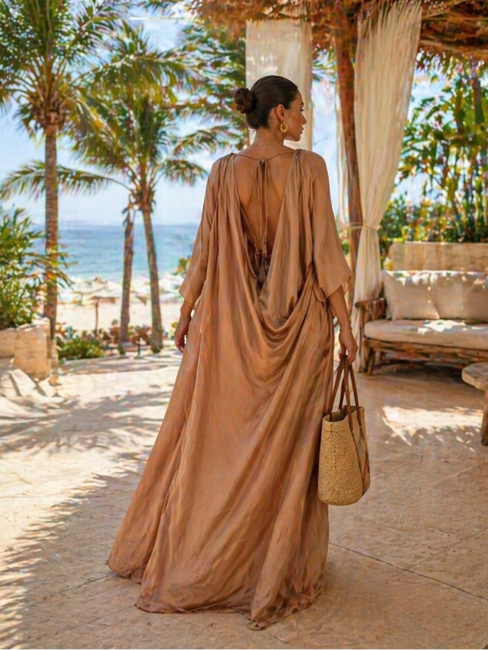 ZARA Blogger Favorite Satin Kaftan Maxi Dress 🤎 Resort Luxe Flowing NWOT